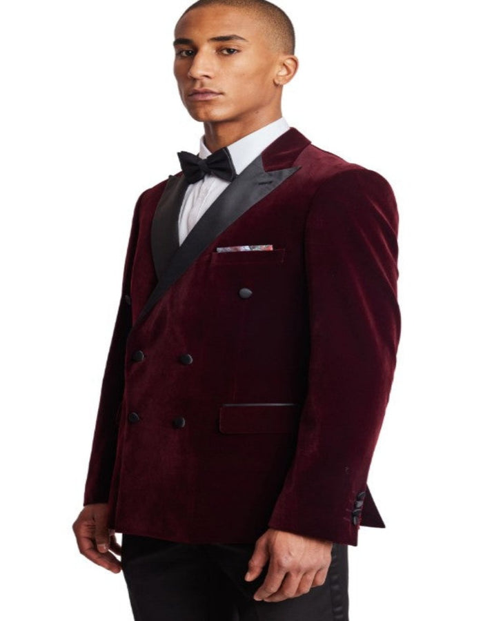 Double Breasted Tuxedo - Velvet Dinner Jacket with Pants in Color Maroon by USA Men's Outlet