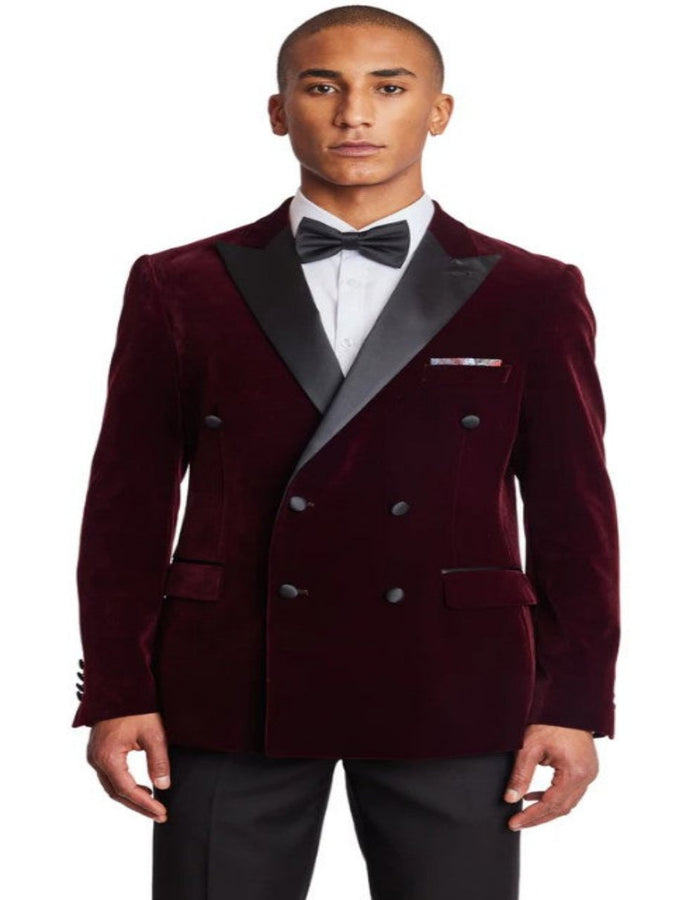 Double Breasted Tuxedo - Velvet Dinner Jacket with Pants in Color Maroon by USA Men's Outlet