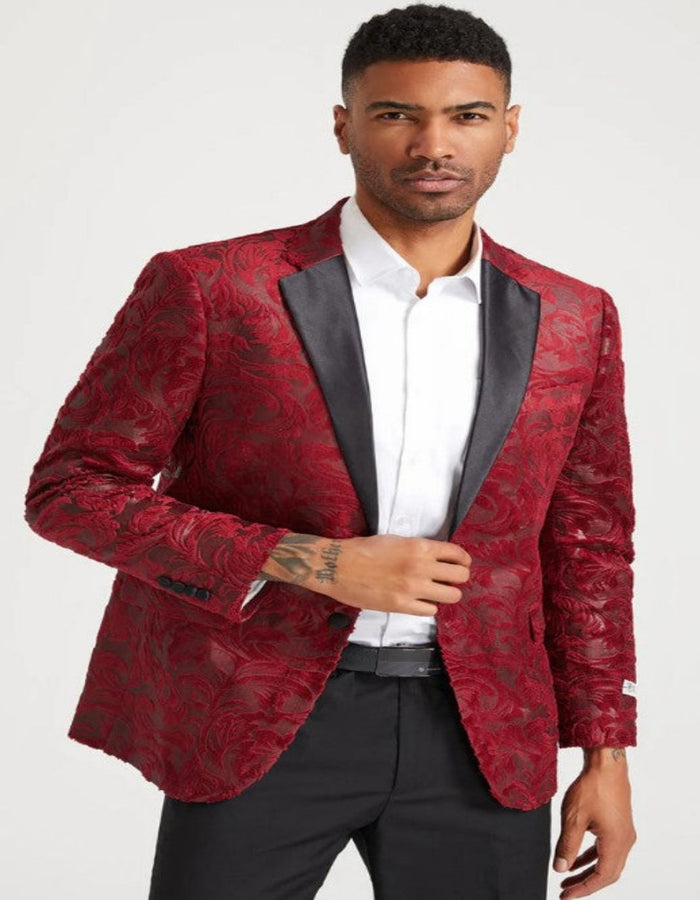 Mens Notch Label Paisley Velvet Prom and Wedding Tuxedo Jacket in Red by Men's Tuxedo USA