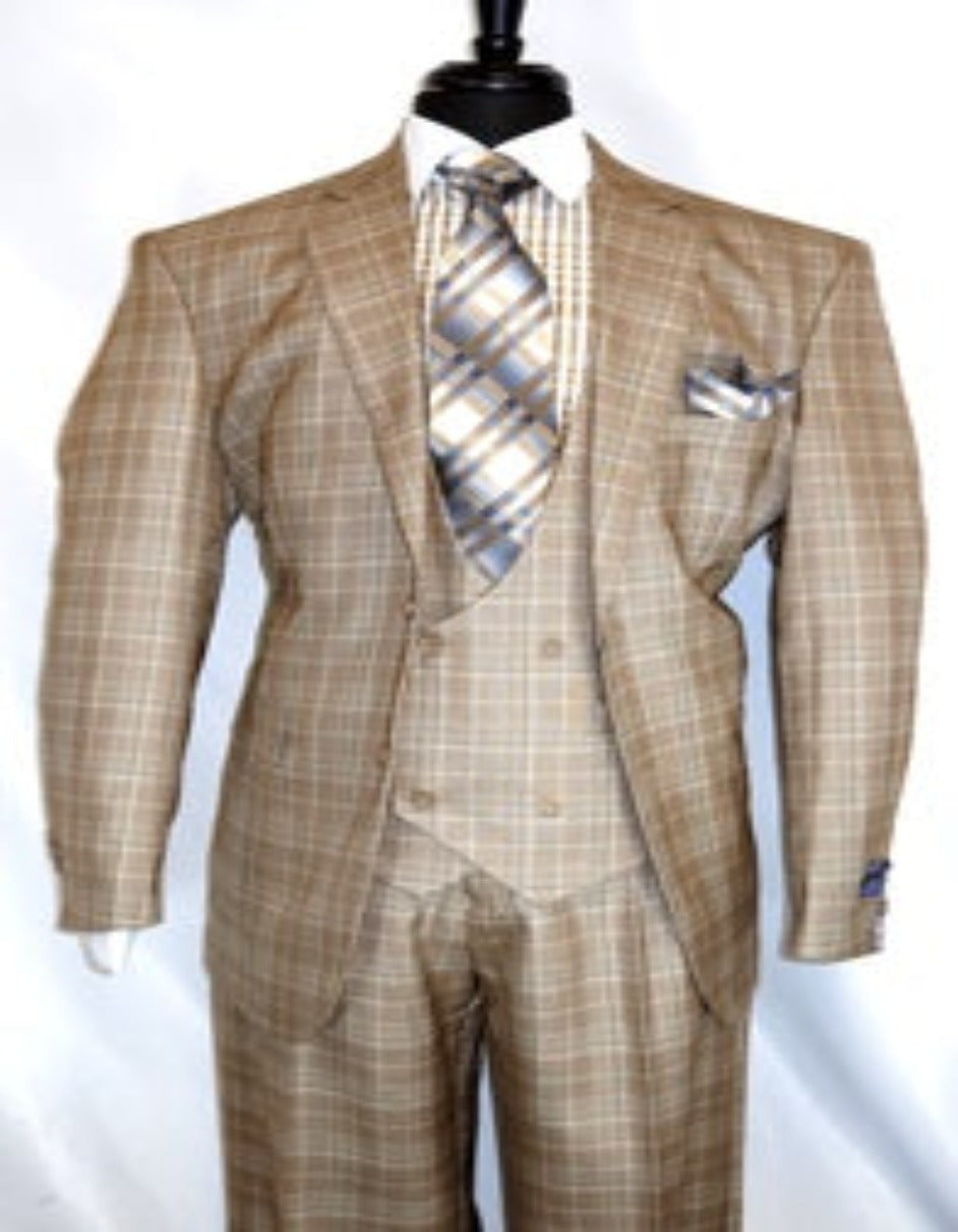 Plaid Suit For Summer - Khaki Color Suit - Camel Suit With Double Breasted Vest in Dark Tan Color - Men's Tuxedo USA – SuitUSA