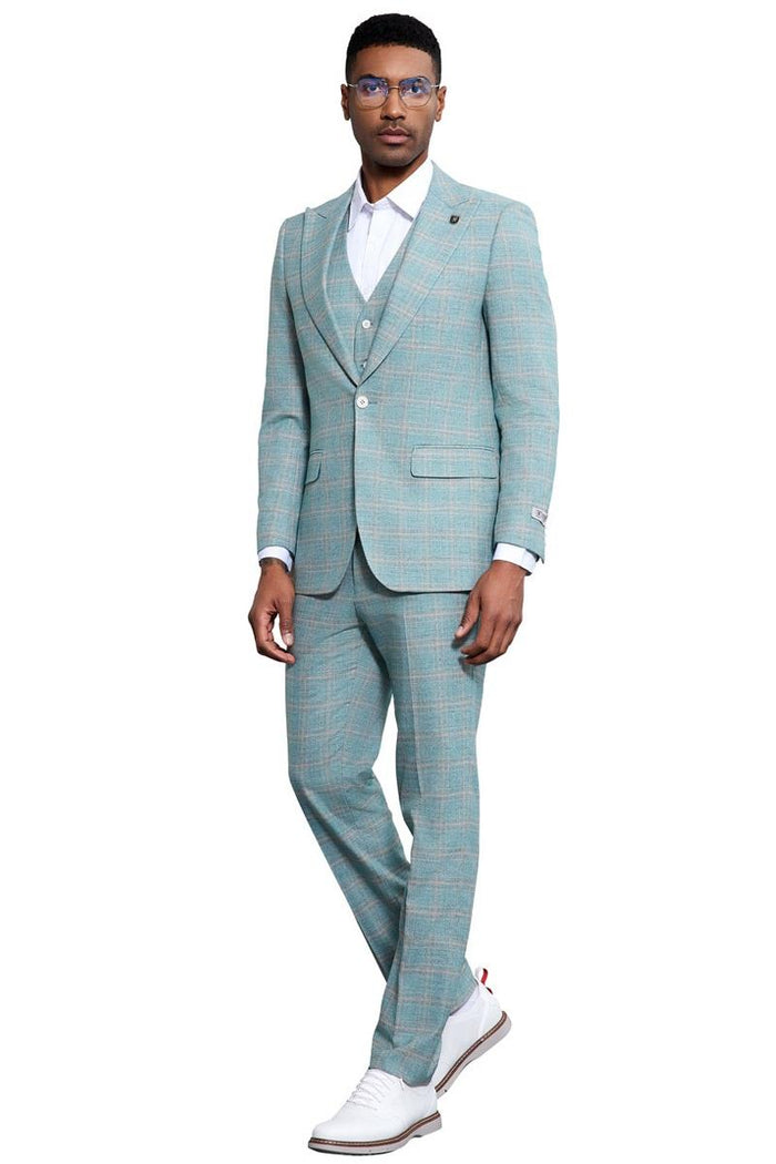 Men's Stacy Adams Vested Peak Lapel Light Turquoise Green Plaid Prom & Wedding Suit