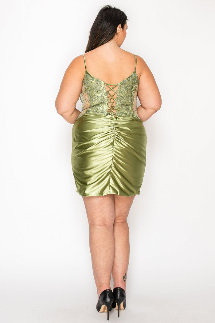 Poly USA W1176 Plus Size Short Beaded Satin Semi Formal Dress