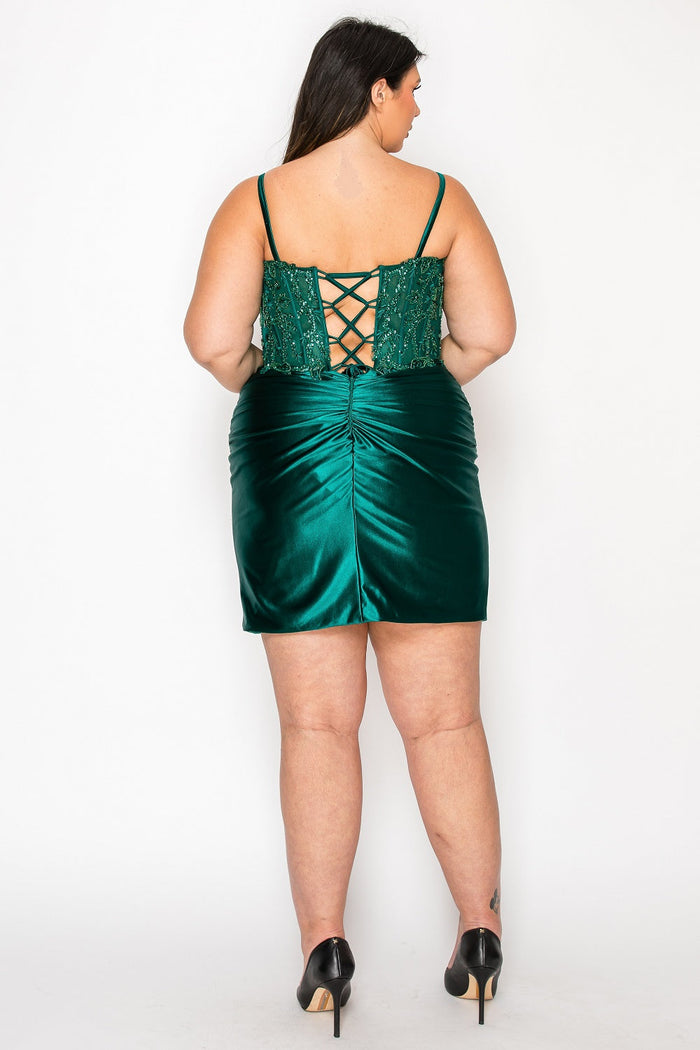 Poly USA W1178 Plus Size Short Beaded Satin Hoco Dress with Slit