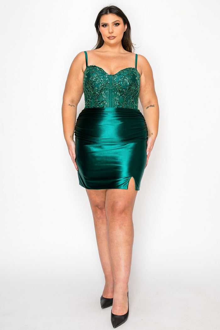 Poly USA W1178 Plus Size Short Beaded Satin Hoco Dress with Slit