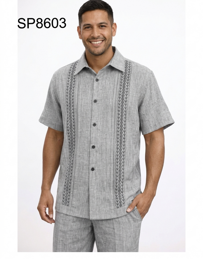 Men’s Gray Embroidered Walking Suit Set – 2 Piece Short Sleeve Casual Outfit