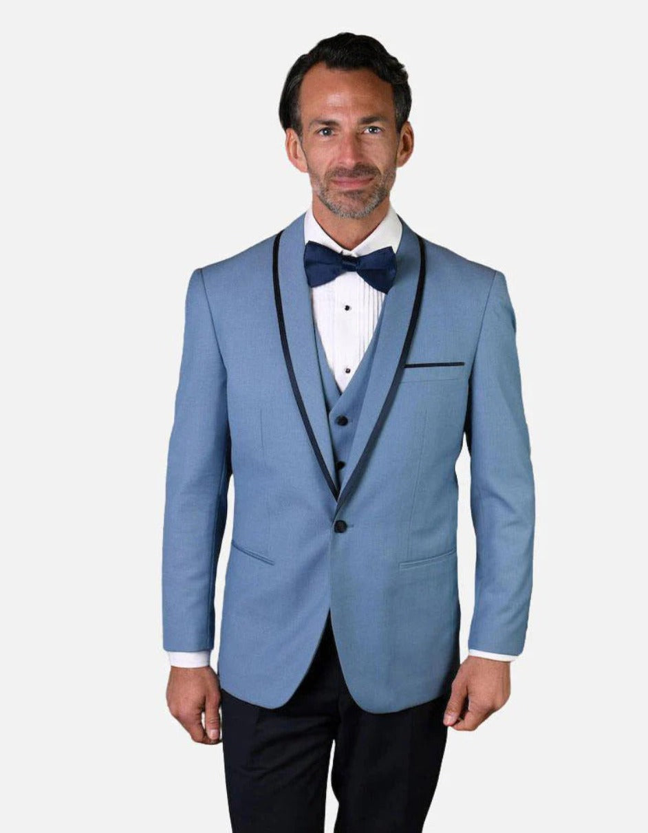 Statement Men's Steel Blue Vested with Black Trim Fine Lapel 100% Wool Tuxedo - Men's Tuxedo USA – SuitUSA