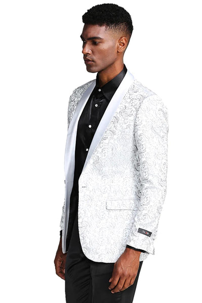 White Prom Tuxedo Suit - White Wedding Suit - Men's Slim Fit Wedding & Prom Tonal Paisley Tuxedo Jacket