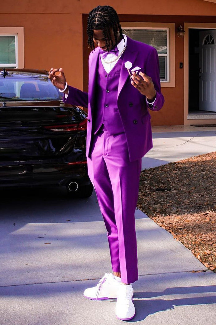 Queendancer Men Purple 3-Piece Prom Suits Peak Lapel Double Breasted Homecoming Tuxedo by Renoirin