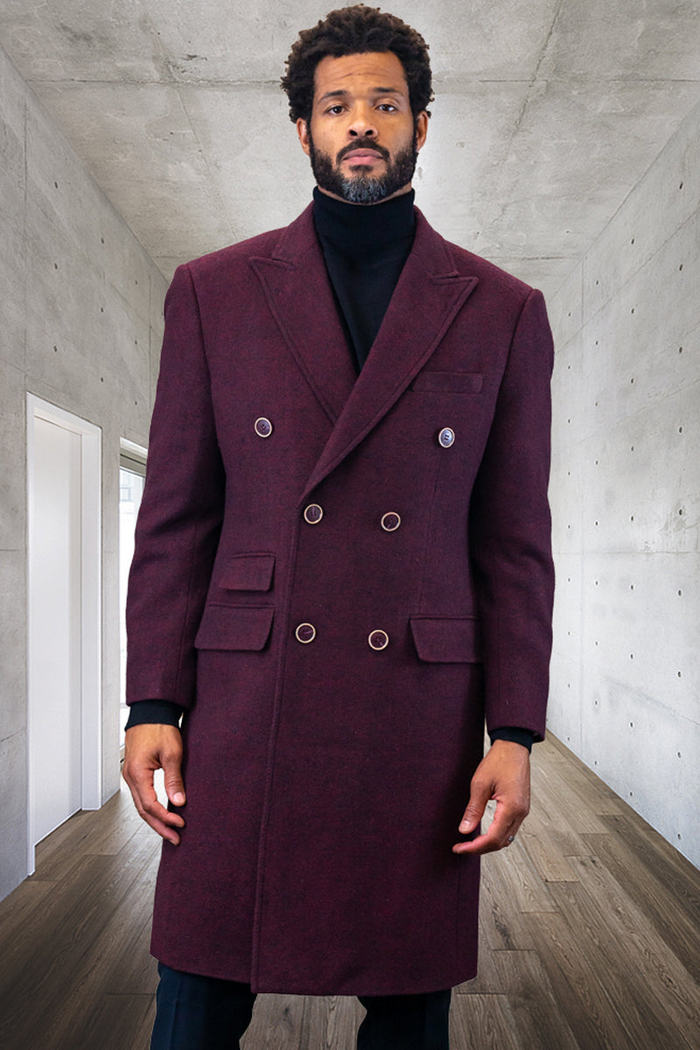 Men's Burgundy Double Breasted Winter Overcoat