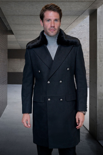 Men's Double Breasted Winter Overcoat with Removable Fur Collar