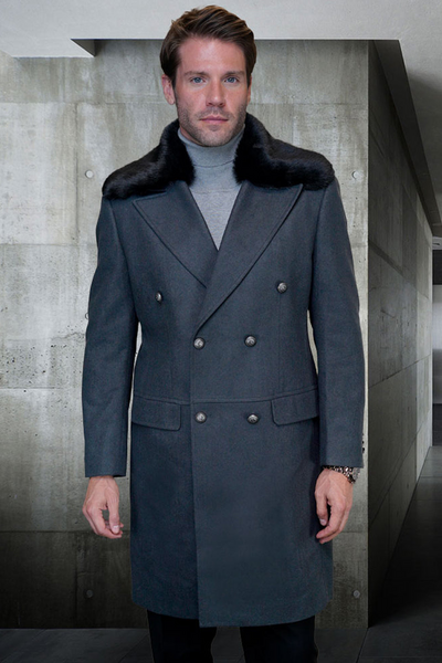 Men's Charcoal Double Breasted Winter Overcoat with Removable Fur Collar