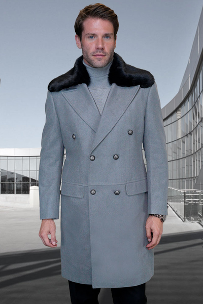 Men's Gray Double Breasted Winter Overcoat with Removable Fur Collar