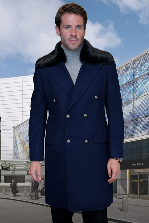 Men's Navy Blue Double Breasted Wool Overcoat with Removable Fur Collar
