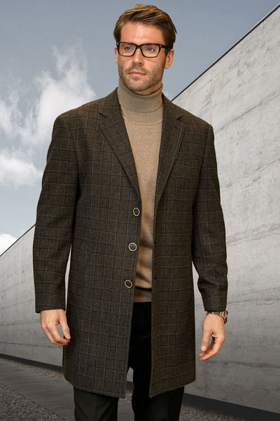 Men's Brown Plaid Wool Car Coat
