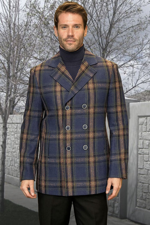 Men's Designer 100% Wool Winter Peacoat in Blue & Gold Plaid by Statement