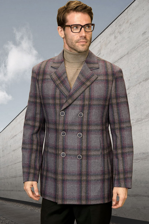 Men's Grey Plaid Wool Peacoat by Statement Suits