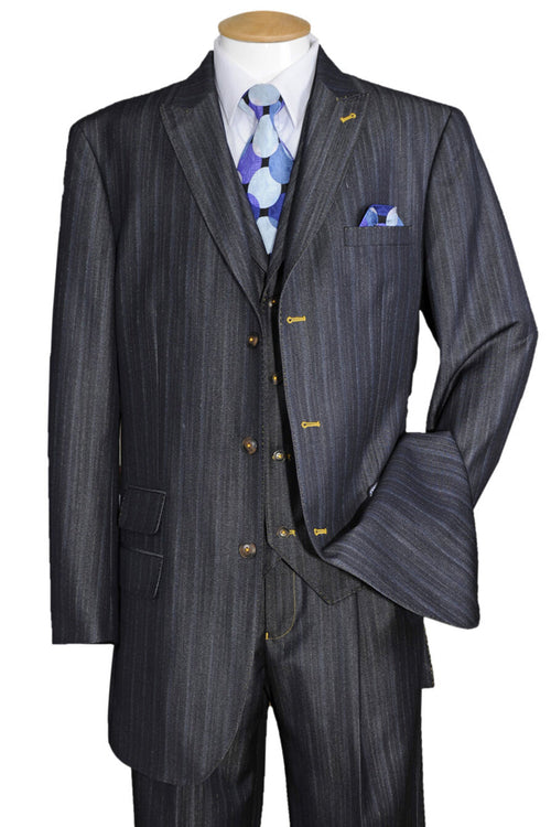 Mens 3 Button Vested Peak Lapel Denim Suit in Navy Blue by Fortino Landiin