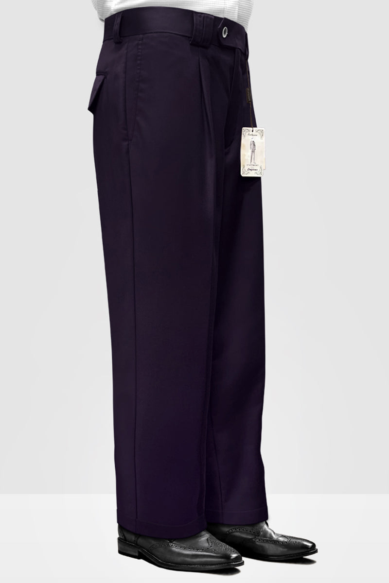 Men's Wool Pleated Wide Leg Dress Pants in Eggplant Purple