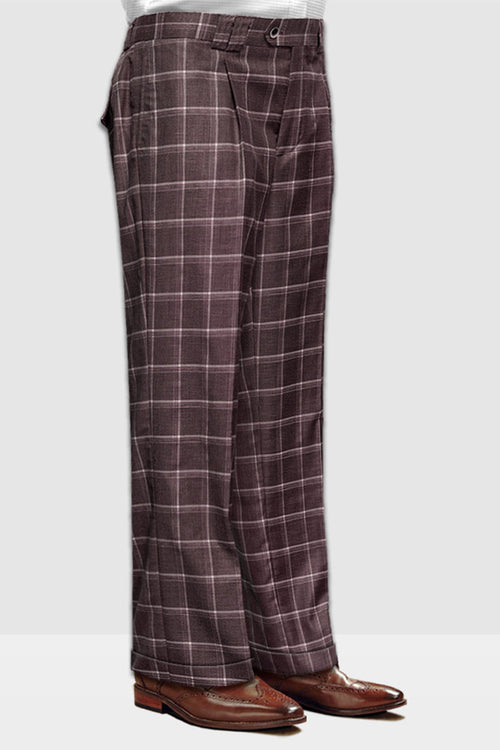 Men's Wool Pleated Wide Leg Dress Pants in Brown Windowpane