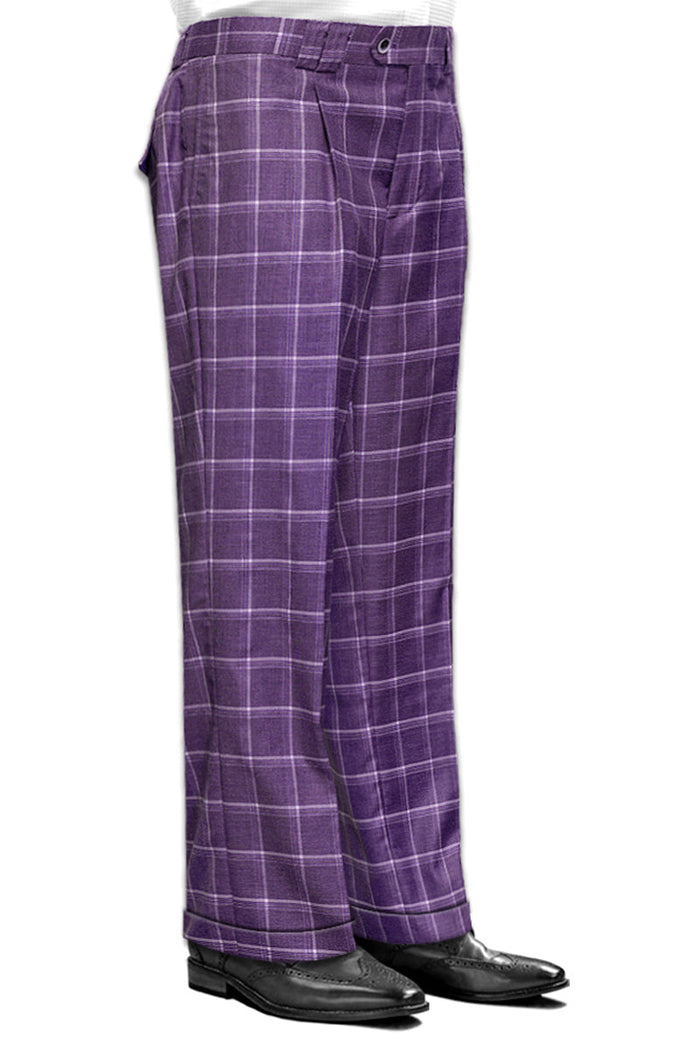 Men's Wool Pleated Wide Leg Pants in Purple Windowpane