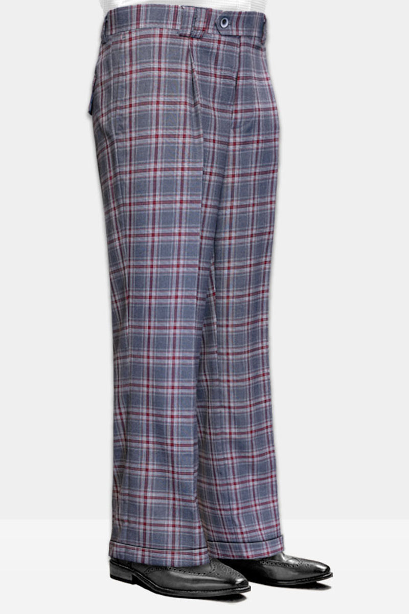 Men's Wool Pleated Wide Leg Dress Pants in Charcoal Grey Plaid