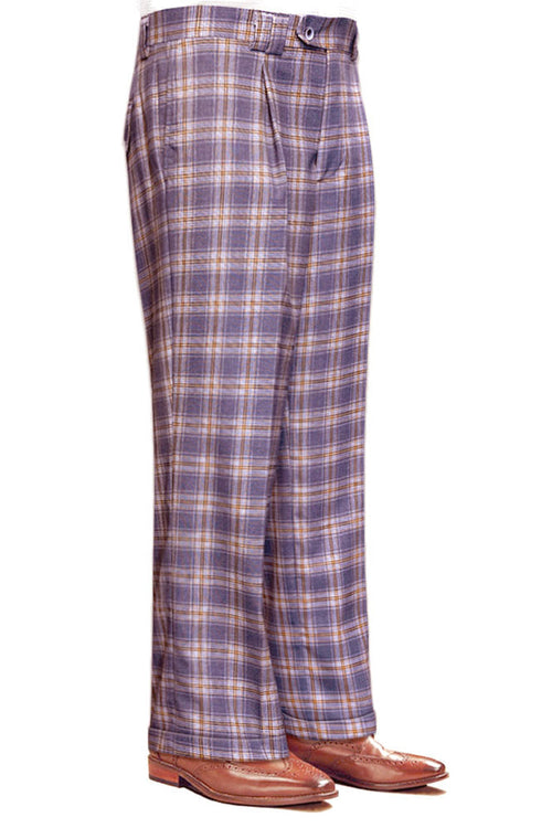Men's Wool Pleated Wide Leg Pants in Lavender Plaid
