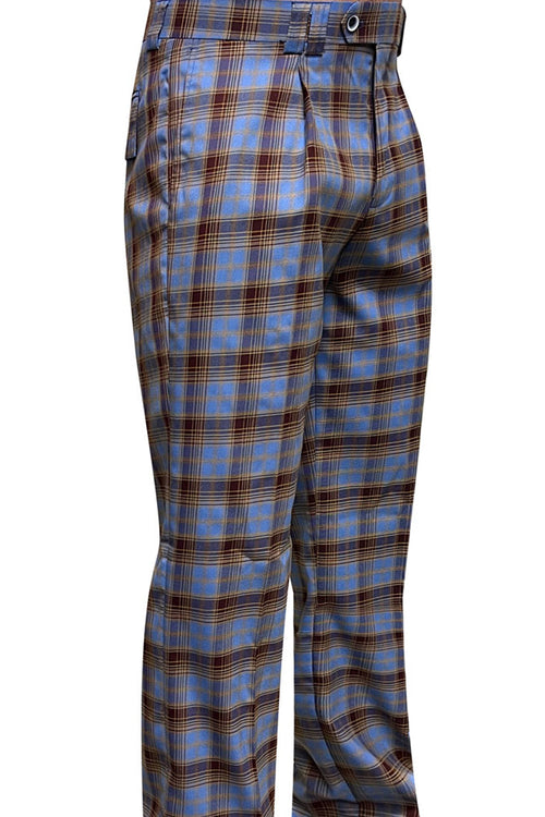 Men's Wool Pleated Wide Leg Dress Pants in Blue & Brown Plaid