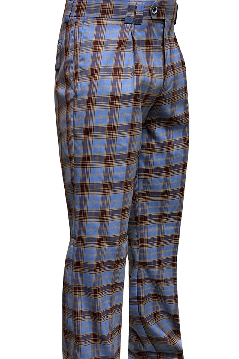 Men's Wool Pleated Wide Leg Dress Pants in Blue & Brown Plaid