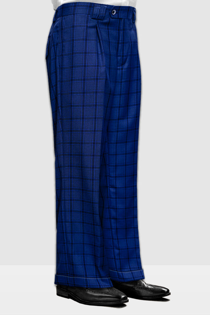 Mens Designer Wool Pleated Wide Leg Dress Pants in Sapphire Blue Plaid by USA Men's Outlet
