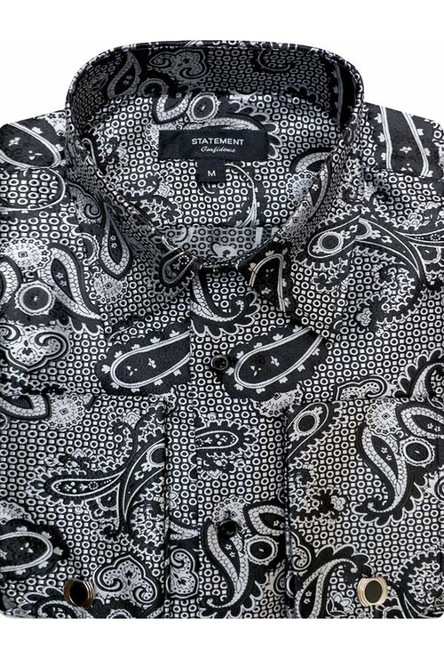 Men's French Cuff Dress Shirt in Black Paisley Print