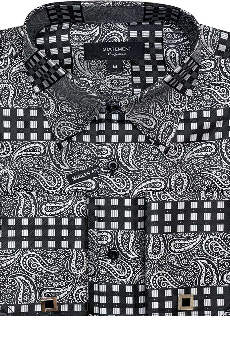 Men's French Cuff Dress Shirt in Black Paisley Plaid