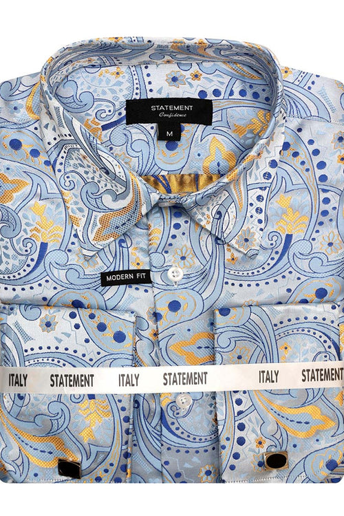 Men's French Cuff Dress Shirt in Blue Paisley