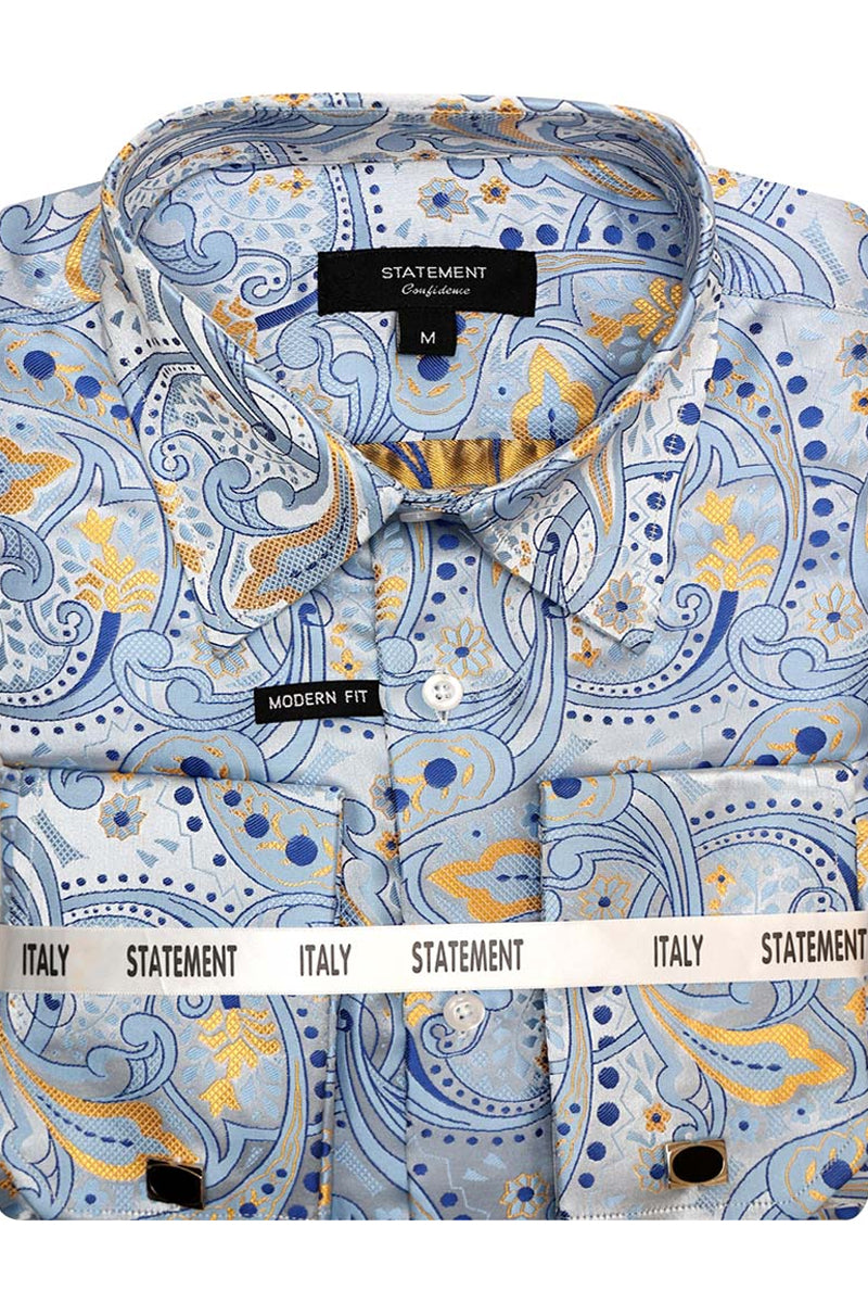 Men's French Cuff Dress Shirt in Blue Paisley