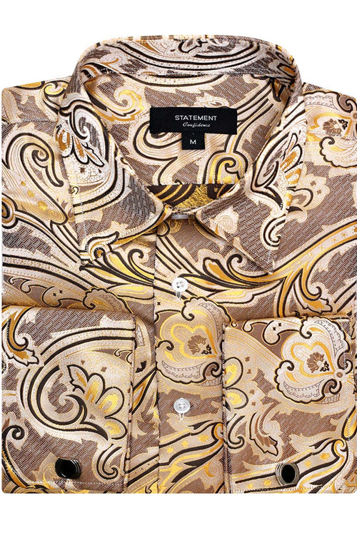 Men's French Cuff Dress Shirt in Camel Paisley