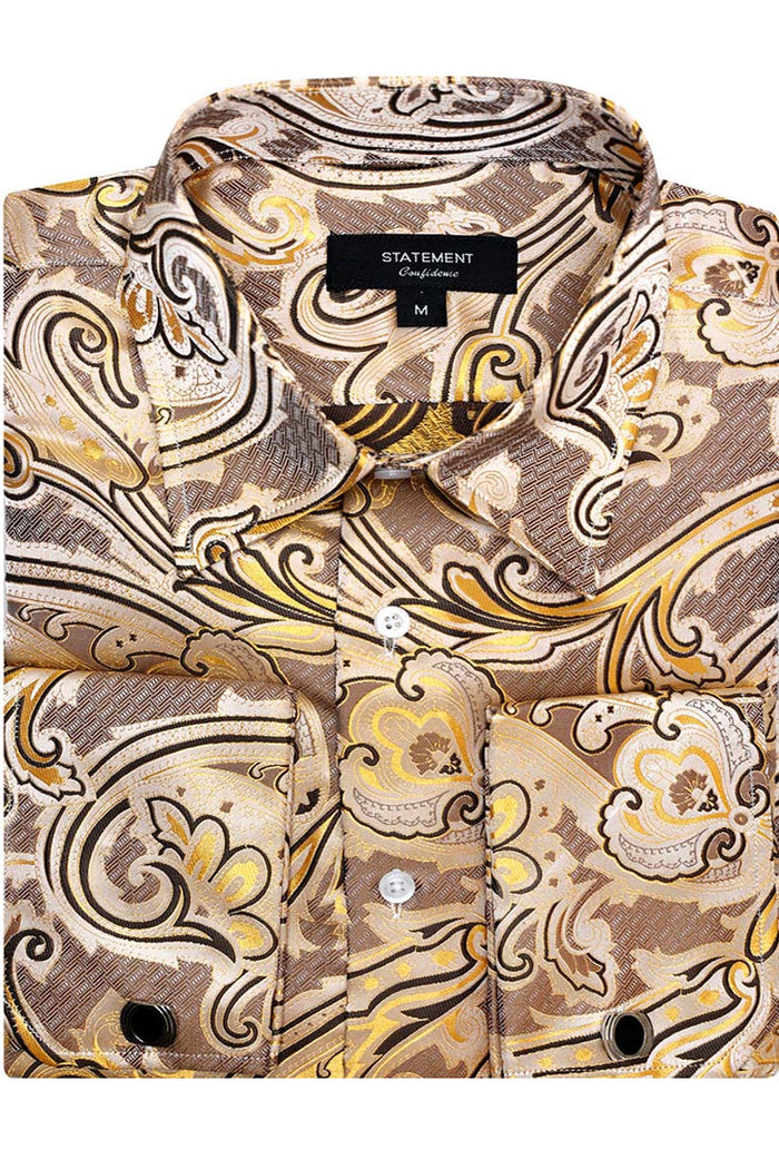 Men's French Cuff Dress Shirt in Camel Paisley