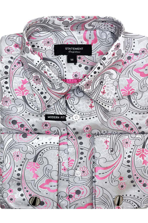 Men's Fancy French Cuff Dress Shirt in Grey & Pink Paisley