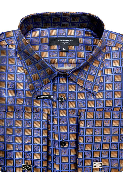 Men's Royal Blue Check French Cuff Dress Shirt