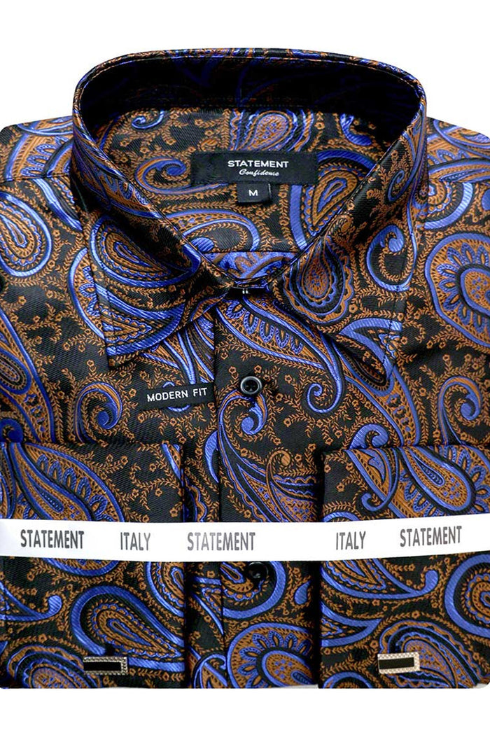 Men's Fancy French Cuff Dress Shirt in Sapphire Blue Paisley