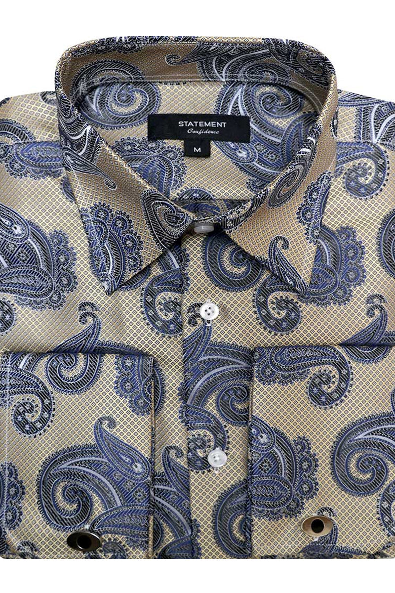 Men's Fancy French Cuff Dress Shirt in Tan & Blue Paisley