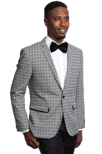 Men's Slim Fit Square Pattern Party Blazer in Black & White