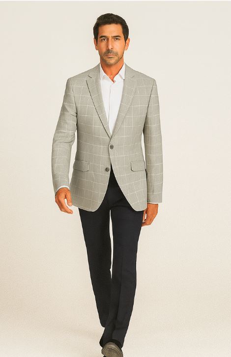 Renoir Sport Coat Blazer - Slim Fit, 2 Buttons, Light Grey Ash Windowpane Plaid