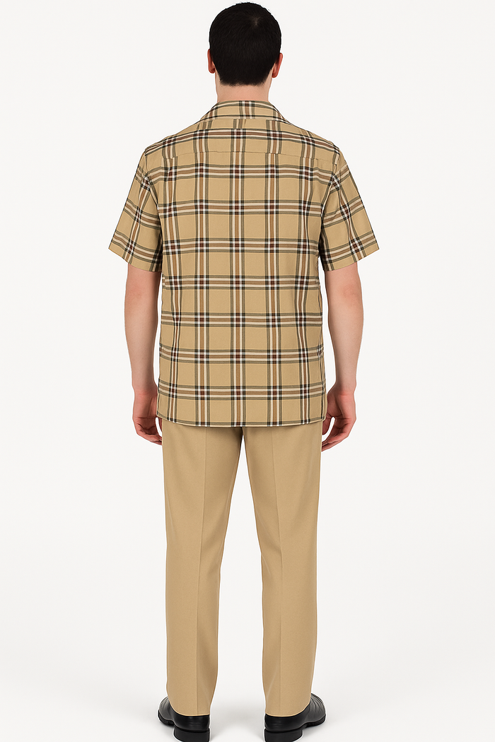 Men’s Beige Plaid Short Sleeve Shirt – Casual Summer Wear