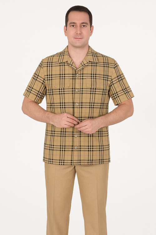 Men’s Beige Plaid Short Sleeve Shirt – Casual Summer Wear