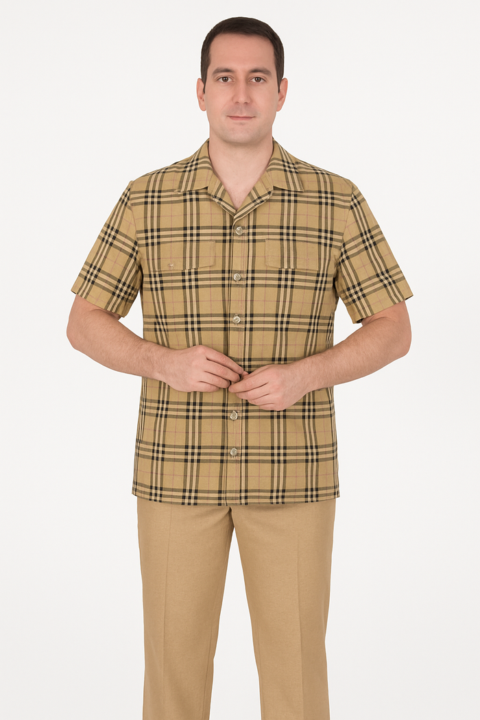 Men’s Short Sleeve Beige Plaid Shirt - Classic & Versatile by USA Men's Outlet