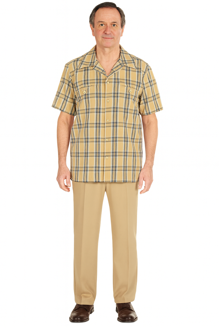 Men’s Short Sleeve Beige Plaid Shirt - Classic & Versatile by USA Men's Outlet