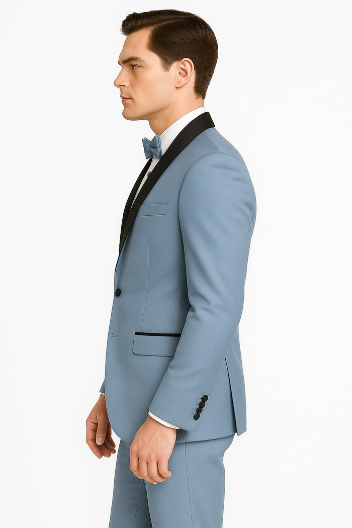 Sky Blue Tuxedo with Black Shawl Lapel Slim Fit Prom and Wedding Suit in Baby Blue Color - Light Blue by USA Men's Outlet