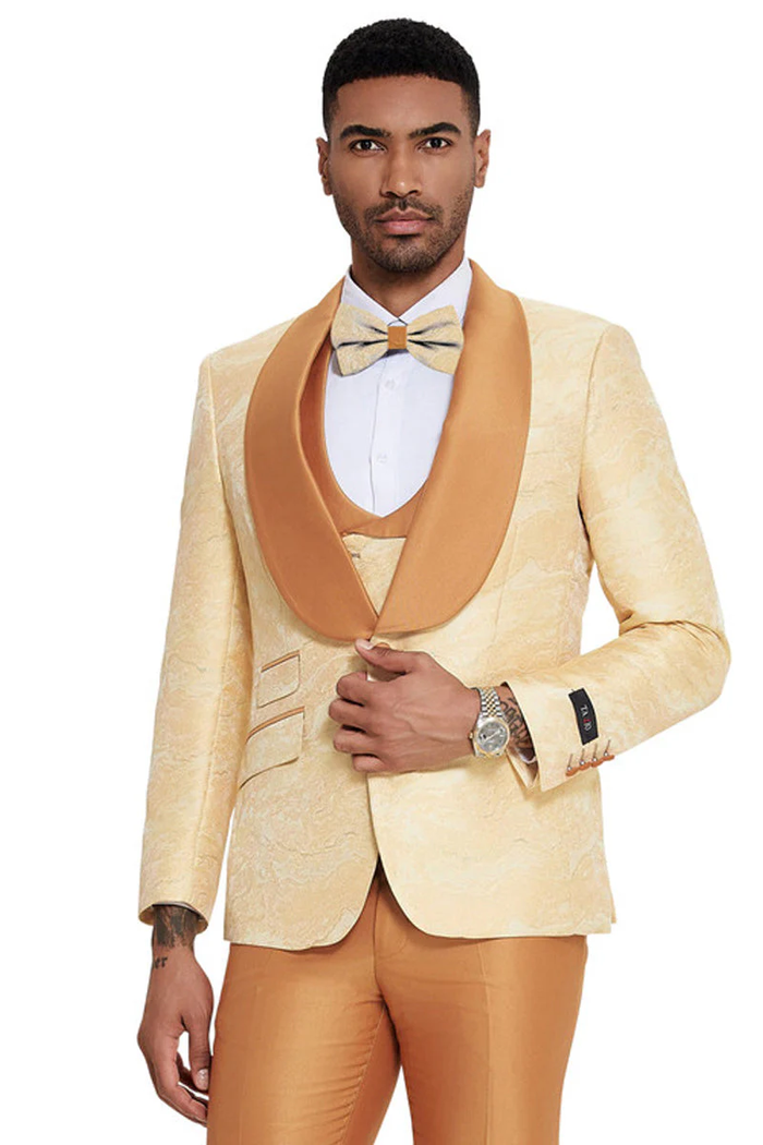 Mens Slim Fit Vested Wedding Prom Shawl Lapel Paisley Tuxedo in Gold by USA Men's Outlet