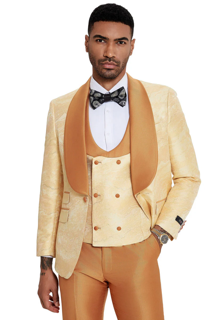 Mens Slim Fit Vested Wedding Prom Shawl Lapel Paisley Tuxedo in Gold by USA Men's Outlet