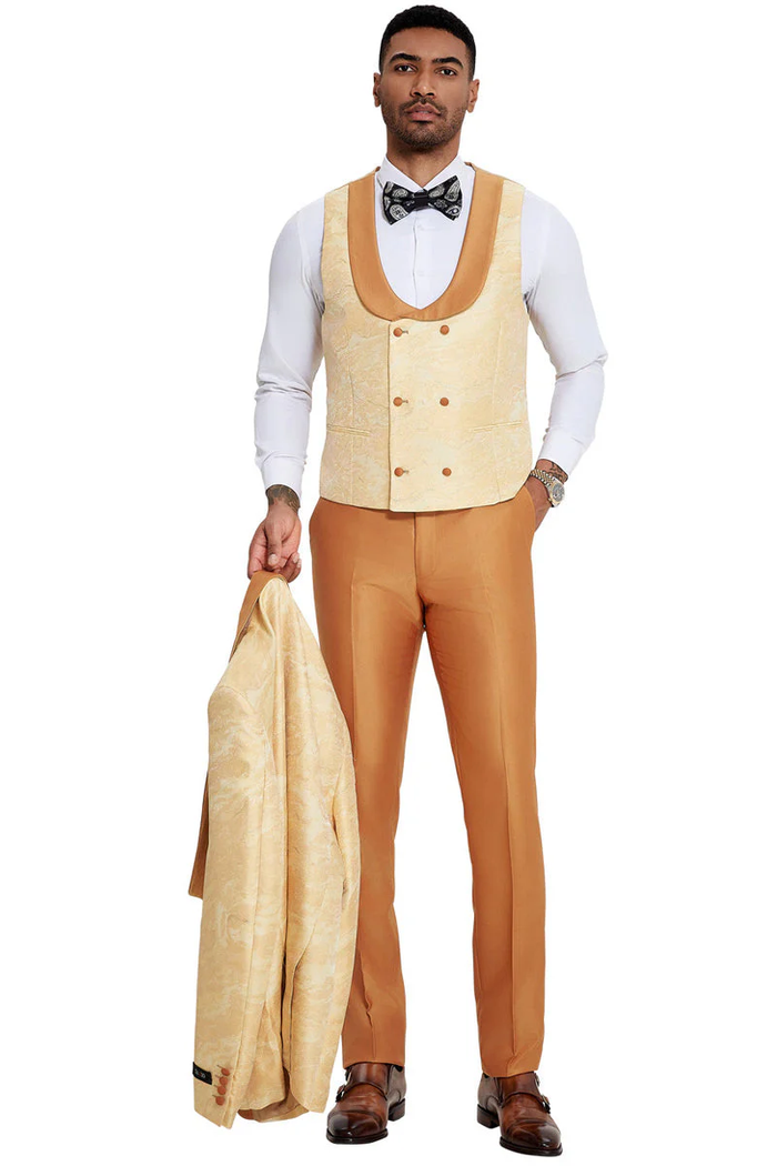 Mens Slim Fit Vested Wedding Prom Shawl Lapel Paisley Tuxedo in Gold by USA Men's Outlet