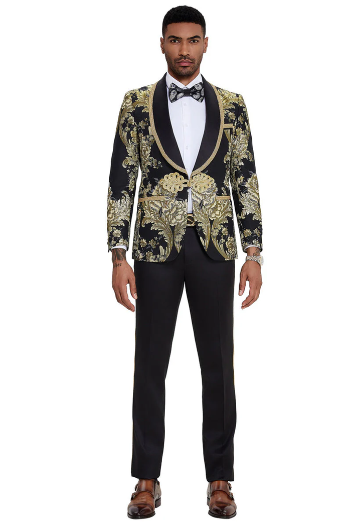 Mens One Button Shawl Lapel Wedding Prom Tuxedo in Shiny Black Paisley - USA Men's Outlet